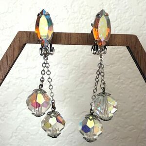 Vintage Lewis Segal California Aurora Borealis Crystal Dangle Clip-On Earrings